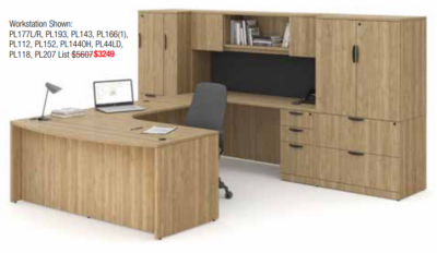 Wooden office workstation with overhead cabinets