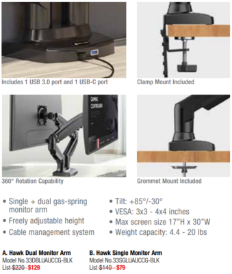 Flexible dual and single monitor arms