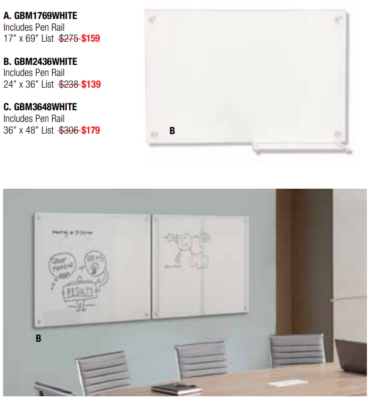 Whiteboards with pen rails displayed