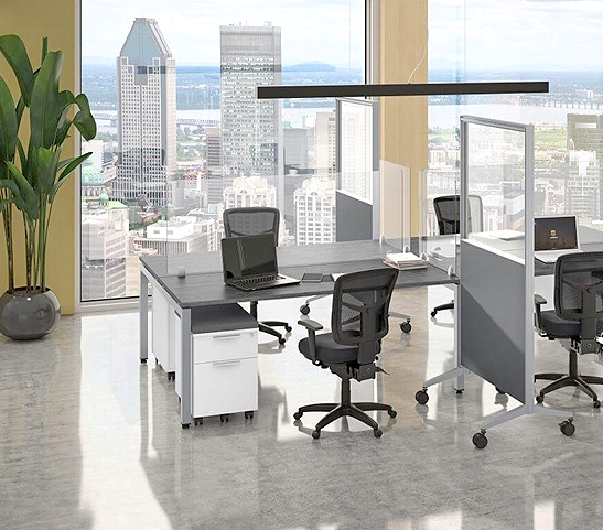 Modern office workspace city view